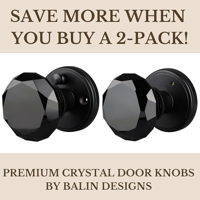 Black Crystal Door Knob with Lock, Glass Door Knobs Interior Privacy Set, Vintage Decorative Antique Style Handle for Bedroom, Bathroom, Closet, 1 Pack