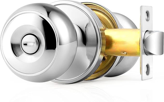 Probrico Polished Chrome Bedroom/Bathroom Privacy Door Knob, Colonial Style Flat Ball Interior Hardware, Keyless Universal Handing Door Lockset, 1 Pack