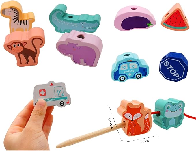 BMTOYS Montessori Educational Threading Toys Wooden Stringing Traffic Wild Animals Fruits Lacing Beads Preschool Toy for Toddler 18 Month 1 2 3 4 5 Year Old Boys Girls