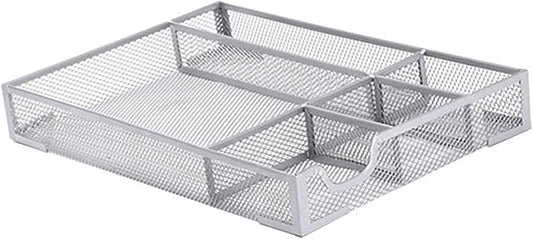 Aramox Desk Drawer Organizer Tray, 5 Compartment Metal Mesh Storage Tray Desktop Organizer with Non Slip Rubber Pads for Office & Home, 31.5x21.5x4.5cm (Silver)