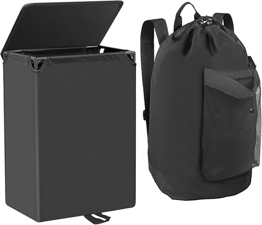 Foluck 60L 2-in-1 Laundry Hamper with Laundry Backpack, Waterproof Basket with Lid, Laundry Bag with Shoulder Straps and Mesh Pocket, Hamper for College Dorm, Travel, Apartment, Laundromat
