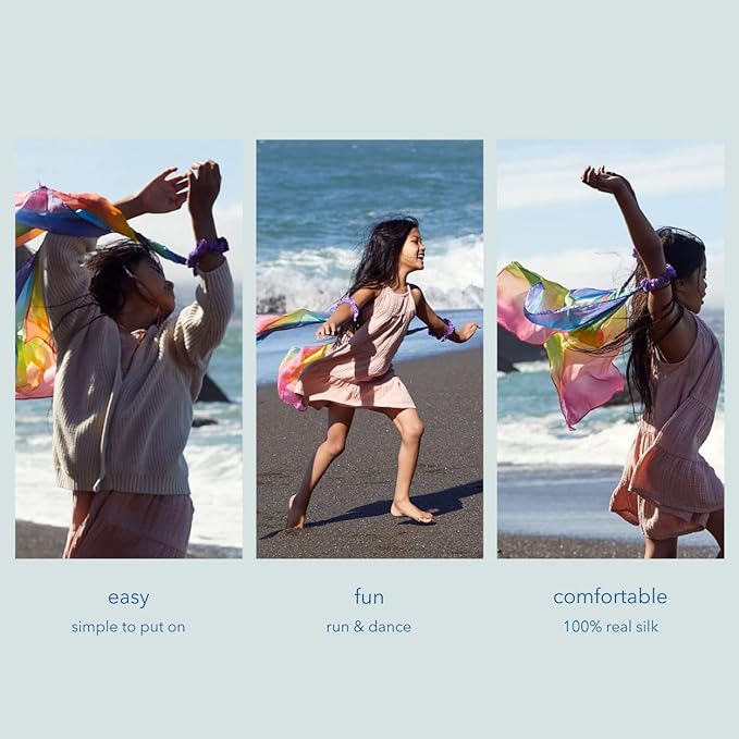 Sarah's Silks Wrist Streamers | 100% Silk Montessori and Waldorf Toys | Rhythm Ribbons for Dance, Imaginative, and Pretend Play | Includes 2 Pieces - Rainbow