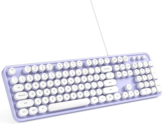 Computer Keyboard Wired, Plug and Play USB Retro Round Typewriter Keyboard, Full Size Wired Keyboard with Foldable Stands for Laptop and Office PC- Purple White Colorful