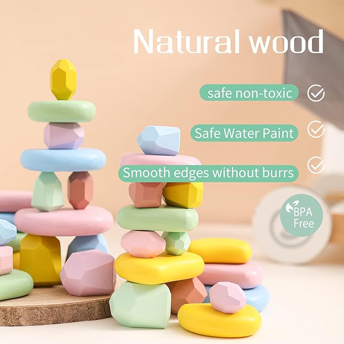 OESSUF 34PCs Stacking Rocks Balancing Stacking Stones Wooden Stacking Toys Wooden Stone Stacking Game for Toddler Wood Sorting Montessori Stacking Rocks for Kids