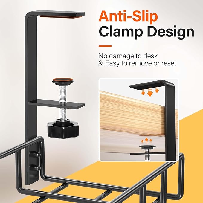 3 Pack Cable Management Under Desk Tray, 47.1" No Drill Under Desk Wire Management with Upgraded Clamp, Metal Cord Organizers with Cable Organizers, PC Cord Organization Rack, Black