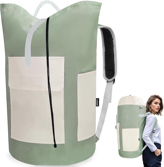 JOINPRO Laundry Bag Backpack, 125L Extra Large Travel with Shoulder Straps, Adjustable & Extendable Design, Laundry Hamper Bag with 3 Pockets for Laundromat, College, Travel, Camping (Green)