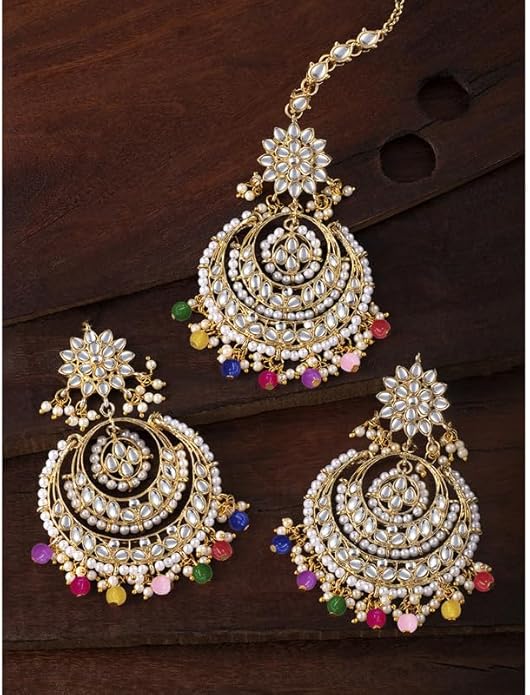 Aheli Bollywood Ethnic Chandbali Style Big Earrings Maang Tikka Set Traditional Fashion Jewelry Gift for Women