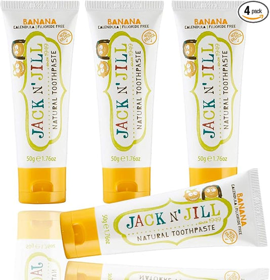 Jack N' Jill Natural Toddler Toothpaste for Baby, Kids and Infants 6 Months & Up, Fluoride Free Training Toothpaste for Toddlers 1-3 (1.76 Fl Oz (Pack of 4), Banana)