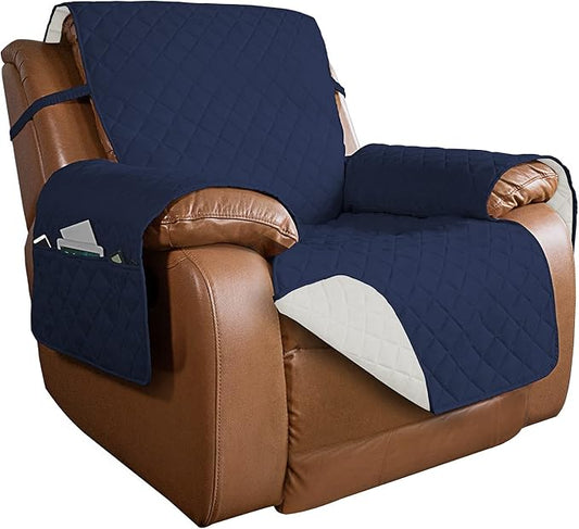 PureFit Reversible Quilted Sofa Cover, Water Resistant Slipcover Furniture Protector, Washable Couch Cover with Non Slip and Elastic Straps for Kids, Dogs, Pets (Oversized Recliner, Navy/Ivory)