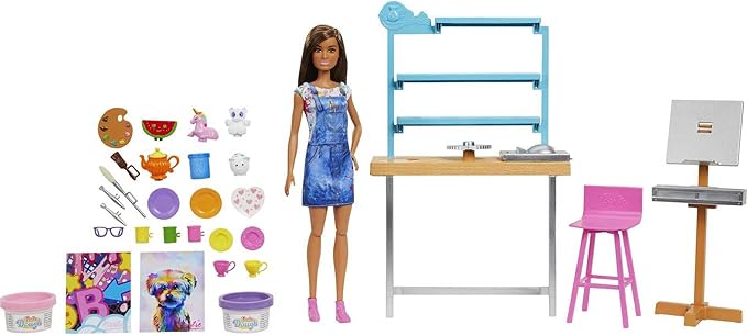 Barbie Relax and Create Art Studio, Doll (11.5 inches), 25+ Creation Accessories for Pottery Making & Painting, Kids 3 to 7 Years Old
