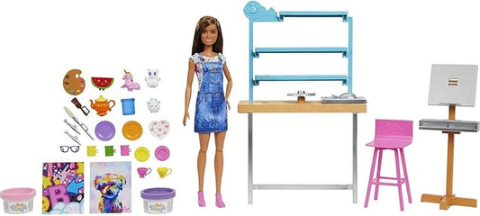Barbie Relax and Create Art Studio, Doll (11.5 inches), 25+ Creation Accessories for Pottery Making & Painting, Kids 3 to 7 Years Old