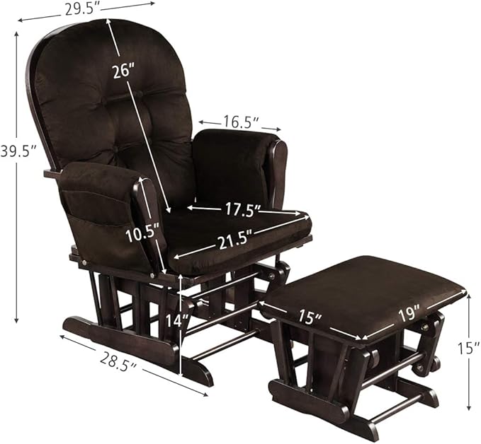 Costzon Nursery Glider with Ottoman, Upholstered Comfort Glider Rocker with Padded Cushion, Storage Pocket, Solid Wood Base, Rocking Chair Nursery for Breastfeeding, Maternity, Napping (Brown)