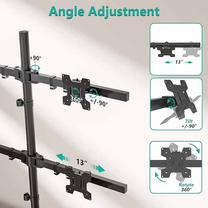WALI Freestanding Quad Monitor Mount for 17-27 Inch Screens, Fully Adjustable 4 Monitor Stand with Swivel, Tilt, Rotation, Glass Base, Max Load 22 lbs per Arm (GMF004), Black