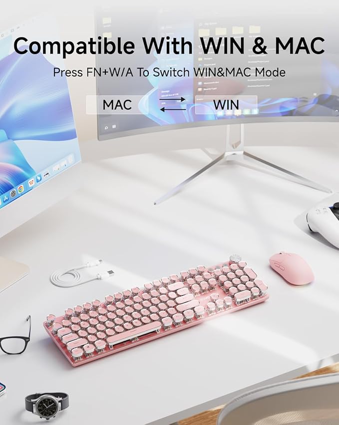 EWEADN Typewriter Style Mechanical Keyboard, Wired Typewriter Keyboards,104 Keys Backlit LED Metal Keyboards, Media Control Knob, Wired Computer Keyboard White Switch for Windows/Mac/PC-Dark Pink