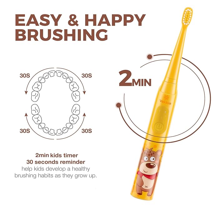 Vekkia Sonic Rechargeable Kids Electric Toothbrush, 3 Modes with Memory, Fun & Easy Cleaning, 24000 Strokes, IPX7 Waterproof, 2-Min Timer for Age 5+, 4 Soft Bristles(Yellow)