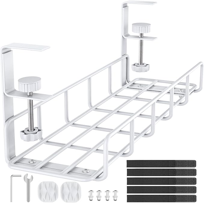 15.7” Under Desk Cable Management Tray, No Drill Steel Cable Tray Organizers, Wire Management Tray Cable Rack with Clamp Mount, Metal Under Desk Tray with Wire and Cord Organizer (White, 1 Pack)