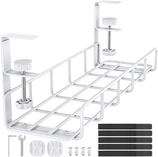 15.7” Under Desk Cable Management Tray, No Drill Steel Cable Tray Organizers, Wire Management Tray Cable Rack with Clamp Mount, Metal Under Desk Tray with Wire and Cord Organizer (White, 1 Pack)