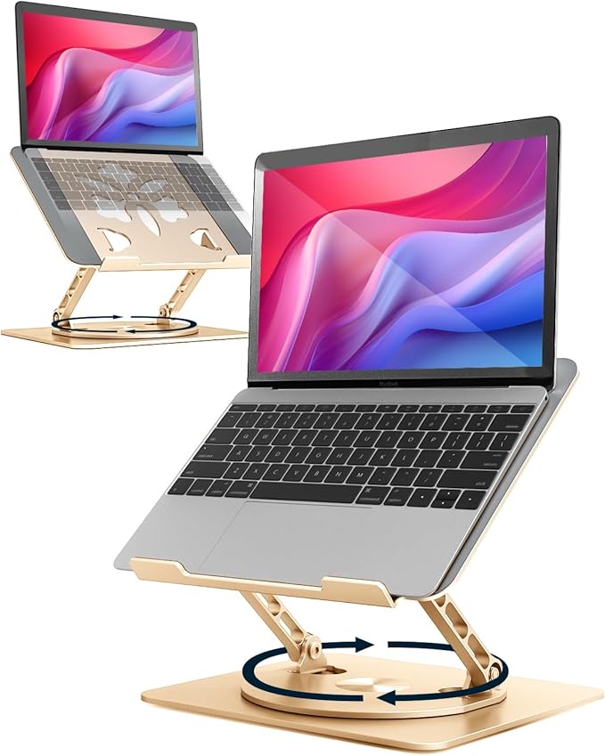 Adjustable Laptop Stand for Desk - Portable Laptop Riser with Rotating Base, Foldable Aluminum Computer Stand, Ergonomic Laptop Holder for MacBook Pro/Air Dell HP Notebook up to 15.6",Gold