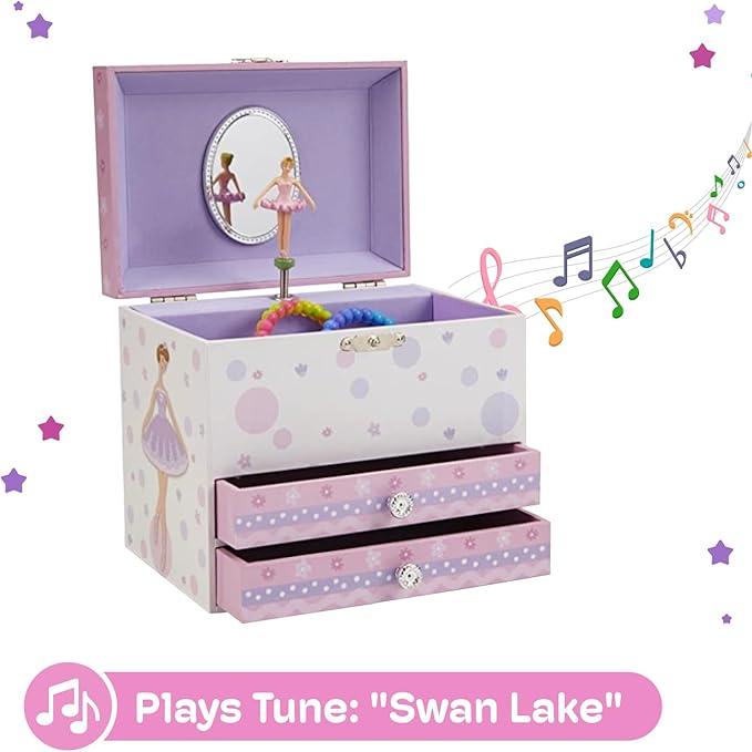 Jewelkeeper Jewelry Box - Jewelry Box for Girls with Ballerina and Music Box - Dual Drawers and Spacious Storage - Swan Lake Tune - White and Purple Keepsake Box - 6 x 6.75 x 5.25 Inches