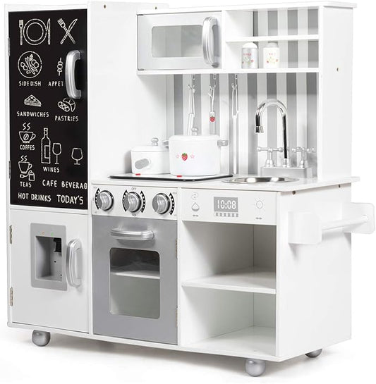 Fireflowery Kids Kitchen Playset, Toddler Kitchen w/Simulated Sound, Accessory Utensils, Blackboard, Sink, Stovetop, Cabinets, Pretend Play Kitchen, Gift for Ages 3+ (Modern)