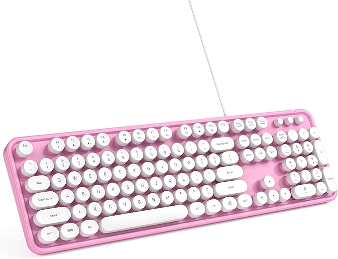 Computer Keyboard Wired, Plug and Play USB Retro Round Typewriter Keyboard, Full Size Wired Keyboard with Foldable Stands for Laptop and Office PC- Pink&White Colorful