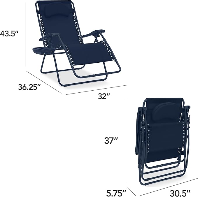 Best Choice Products Oversized Zero Gravity Chair, Folding Outdoor Patio Lounge Recliner w/Cup Holder Accessory Tray, Pillow - Indigo