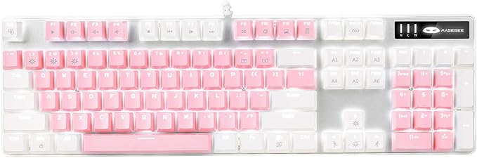 MageGee Mechanical Gaming Keyboard, New Upgraded Blue Switch 104 Keys White Backlit Keyboards, USB Wired Mechanical Computer Keyboard for Laptop, Desktop, PC Gamers(White & Pink)