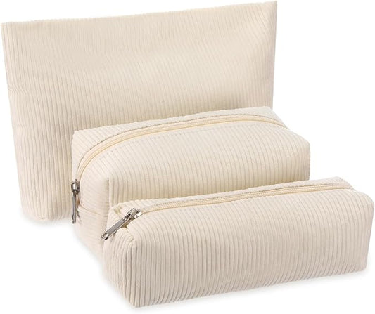 Huhumy 3 Pcs Makeup Bag Set for Women Corduroy Cosmetic Pouch Aesthetic Smile Travel Toiletry Bag Cute Purse Pouch Pencil Case Makeup Brushes Storage Organizer for Valentine(White,Solid Style)