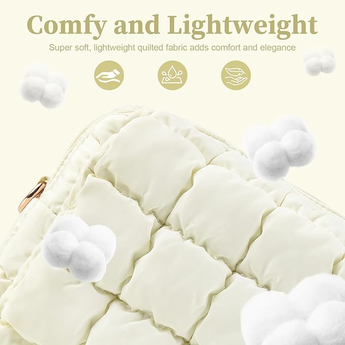 Puffer Quilted Makeup Bag Cosmetic Bags,Puffy Travel Toiletry Pouch for Women,Cute Checkered Zipper Bag Travel Essential,Portable Aesthetic Make up Organizer Bag for Gifts Work Daily(Beige,M)