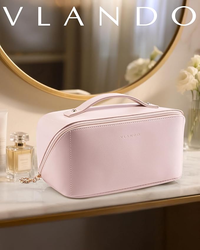Vlando Makeup Bag,Large Capacity Travel Toiletry Bag,Cosmetic Bags for Women PU Leather Waterproof Portable Pouch with Divider & Handle-Pink