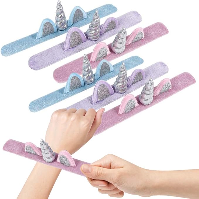 ArtCreativity Plush Unicorn Slap Bracelets for Kids, Set of 12, Cute Slap Bands for Girls with 3D Details, Unicorn Party Favors for Children, Pretty Goodie Bag Fillers, Pink, Purple, and Blue