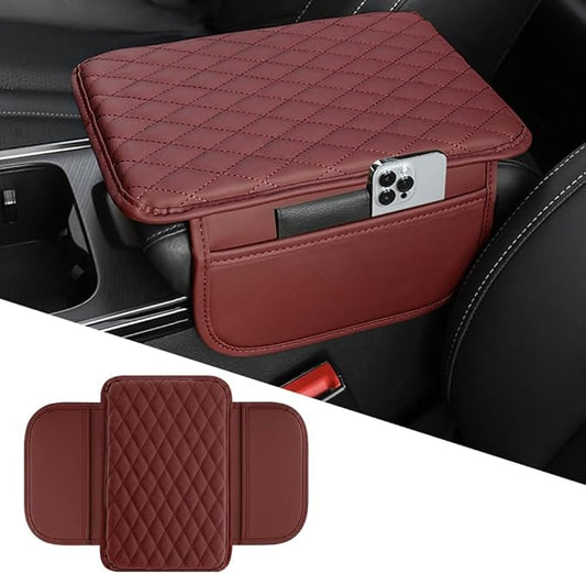 OtpOutopa Car Center Console Armrest Cover, Leather Car Center Console Cover Cushion with 2 Storage Bags, Universal Center Console Pad Car Armrest Lids Storage Box Auto Interior Accessories (Red)