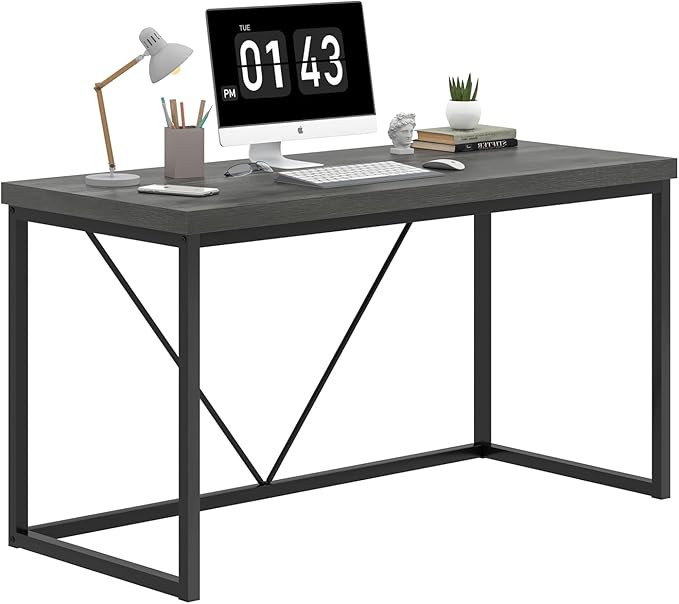 EXCEFUR Modern Computer Desk, Small Home Office Desk, Wood and Metal Writing Study Table Workstation for Bedroom Living Room, Rustic Grey, 47 inch