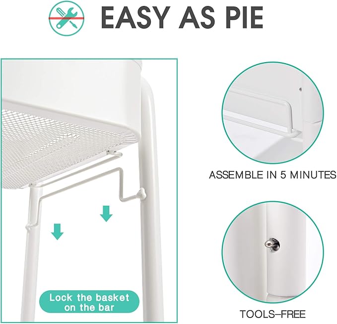 TOOLF 3-Tier Metal Rolling Cart with Wheels, Storage Utility Organizer Cart for Kitchen, Bathroom, Office, Baby Essentials & Makeup - Lockable Casters, Easy Assembly, Large Capacity, White