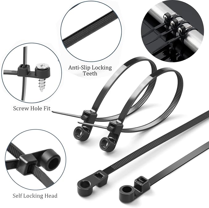 8 inch Black Zip Ties With Screw Hole,Heavy Duty Cable Ties for Cords 75 lbs Mountable head Zip Tie Screw Mount,Zip Wall Wire Ties for Indoor and Outdoor Use (200, 8 IN)