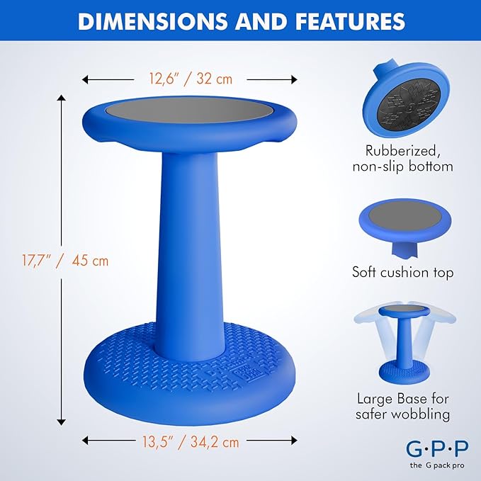 Gpack-pro Kids Wobble Stool – Improves Focus Attention – Non-Slip Base - Wiggle Chair Active Flexible Seating for Preschool Kindergarten Elementary School 17.7-Inch High (Blue)