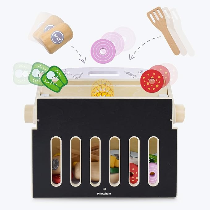 Children's Wooden Foldable Portable BBQ Mini Kitchen & Grill Toy,2In1 Kids Toy Grill Stove and Tablekitchen Cooking Set with Accessories for Toddlers Boys Girls Age 3+