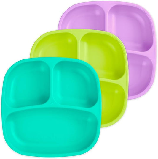 Re-Play Made in USA 7" Deep Walled Divided Plates for Kids, Set of 3 - Reusable 3 Compartment Plates, Dishwasher and Microwave Safe - 7.37" x 7.37" x 1.25", Mermaid