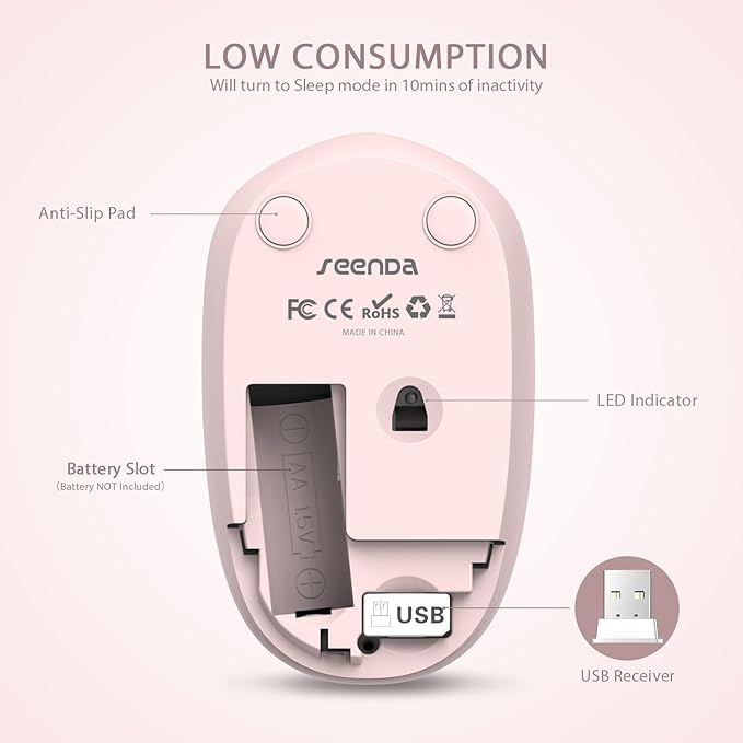 seenda Wireless Mouse, 2.4G Noiseless Mouse with USB Receiver Portable Computer Mice for PC, Tablet, Laptop, Notebook with Windows System - Pink