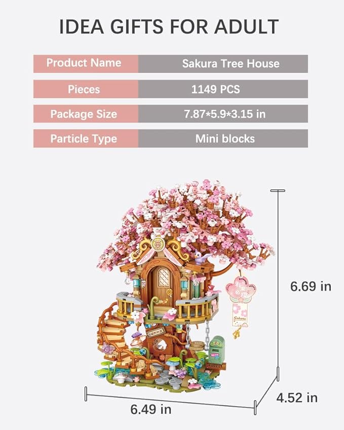 Japanese Sakura Tree House Building Blocks Set, Pink Cherry Tree Bonsai Creative Architecture, Home Decor or Idea Gifts for Adults and Kids, Mini Particles 1149 PCS (1381)