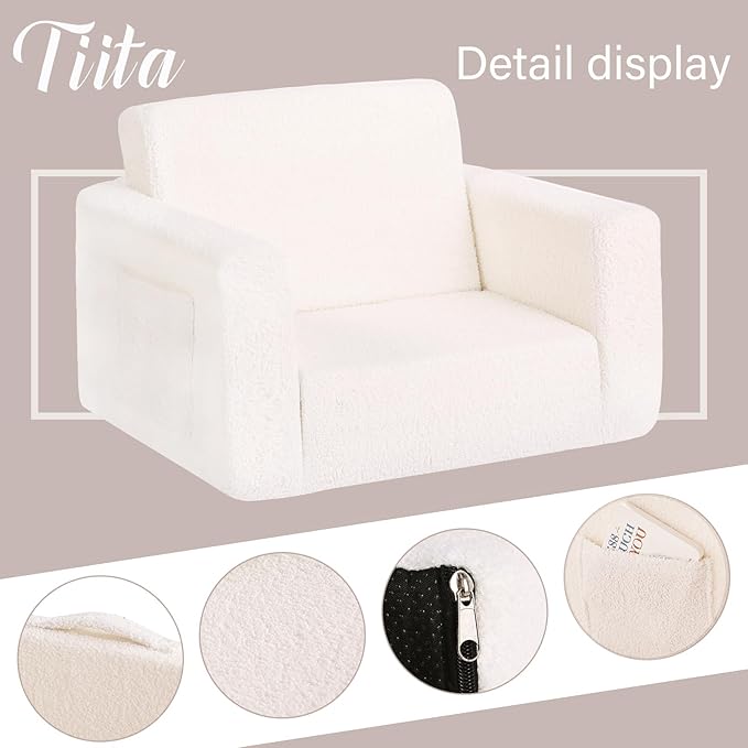 Tiita Kids Sofa, 2-in-1 Kids Sofa Chair, Convertible Children Couch to Lounger, Flip Out Kids Sofa Chair, Toddler Armrest Chair Bed, Folding Kids Play Sofa for Girl or Boy (Beige)