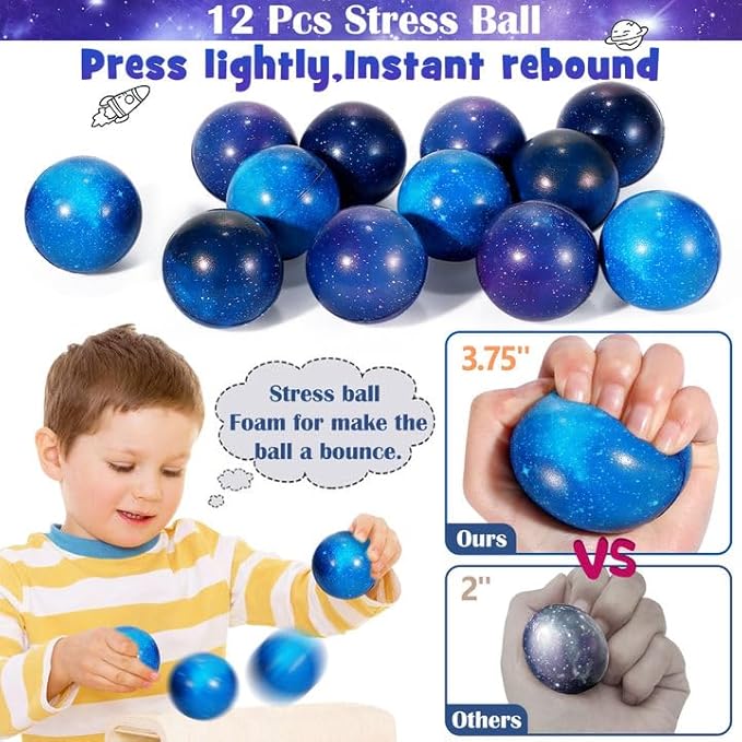 Golray 84pcs Space Party Favors Box Stress Balls Glow In Dark Tattoos Stamp Necklace Toy Gift for Boy Kids Galaxy Birthday Party Supplies Stuffer Treat Gift Goodie Bag Filler