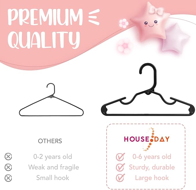 HOUSE DAY Plastic Baby Hangers for Closet 20 Pack, Durable Plastic Kids Hangers for Baby Clothes, Thin & Compact Childrens Hangers, Space Saving Black Baby Hangers, Small Hangers for Kids Clothes