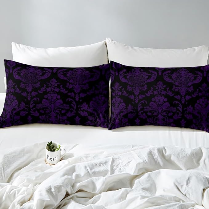 Feelyou Purple Black Vintage Damask Floral Duvet Cover Set Gothic Bohemia Floral Bedding Set Full Size for Kids Boys Girls Oriental Antique Comforter Cover Luxury Flower Quilt Cover,No Comforter