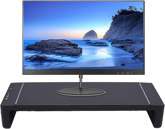 YUEHISY Monitor Stand Riser with 4 USB Ports, Phone Holder & Storage Drawer, Adjustable Foldable Computer Monitor Riser for Laptop, TV, Printer, Speaker