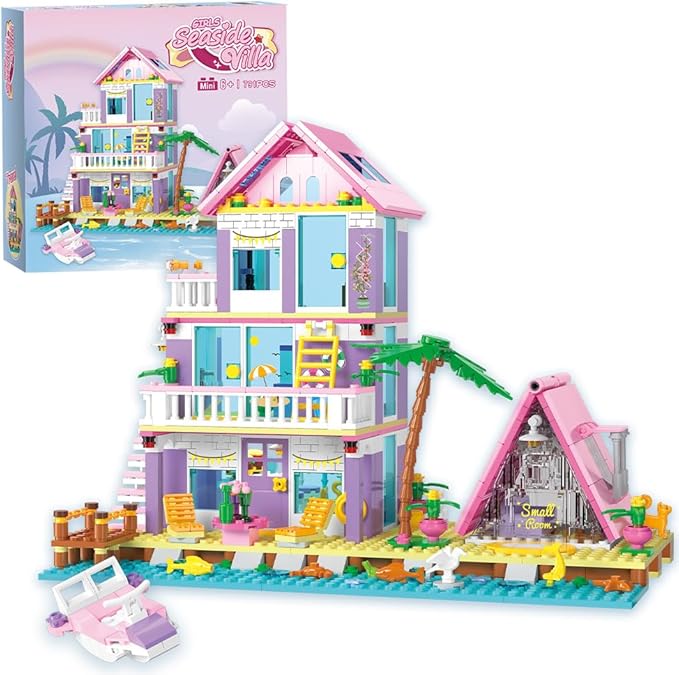 Girl Beach House Building Blocks Toys for Girls Age 8+, Seaside Villa Friends Building Set with Light, 791pcs Mini Bricks