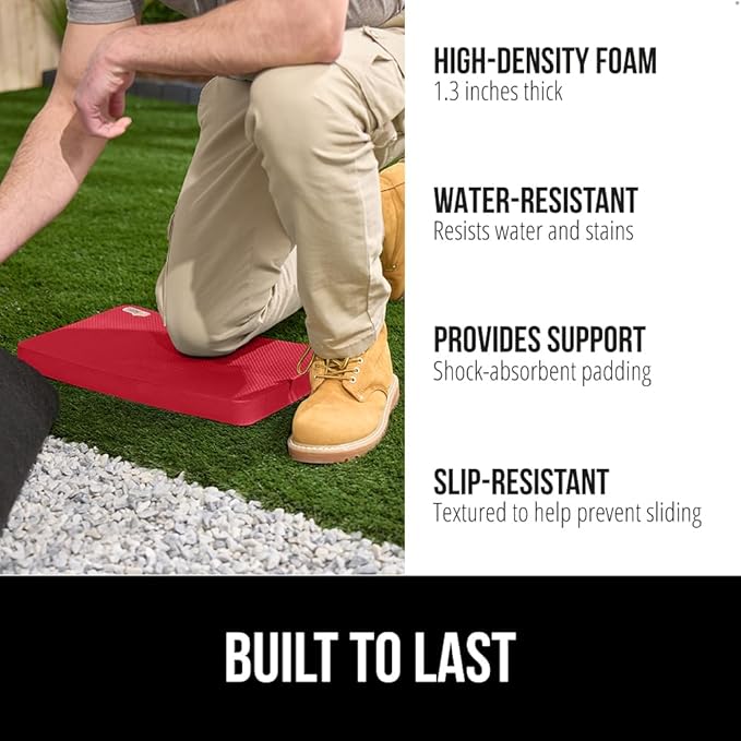 GORILLA GRIP Extra Thick Patent Pending Soft Foam Kneeling Pad, Supportive Large Cushion Knee Pads for Gardening, Baby Bath Time, Dirt and Water Resistant, Workout and Garden Supplies, 17.5x11, Red