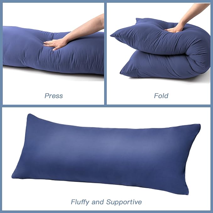 DOWNCOOL Luxury Full Body Pillow Insert with Fiber Cover - Ultra Soft Body Pillow for Sleeping - Breathable Long Bed Pillow Insert, 20"x54"(Blue, with Cover)