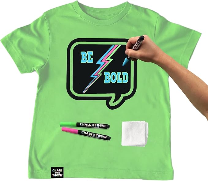 Green Speech Bubble Chalkboard Short Sleeve T-Shirt Kit for Kids with 3 Markers and 1 Stencil (Youth Medium)
