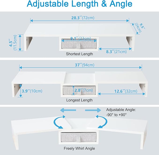 TEAMIX White Dual Monitor Stand Riser with Drawer - Length and Angle Adjustable Double Corner Desk Shelf Organizer 37 inch Long for 2 Laptop/PC/Screen/TV